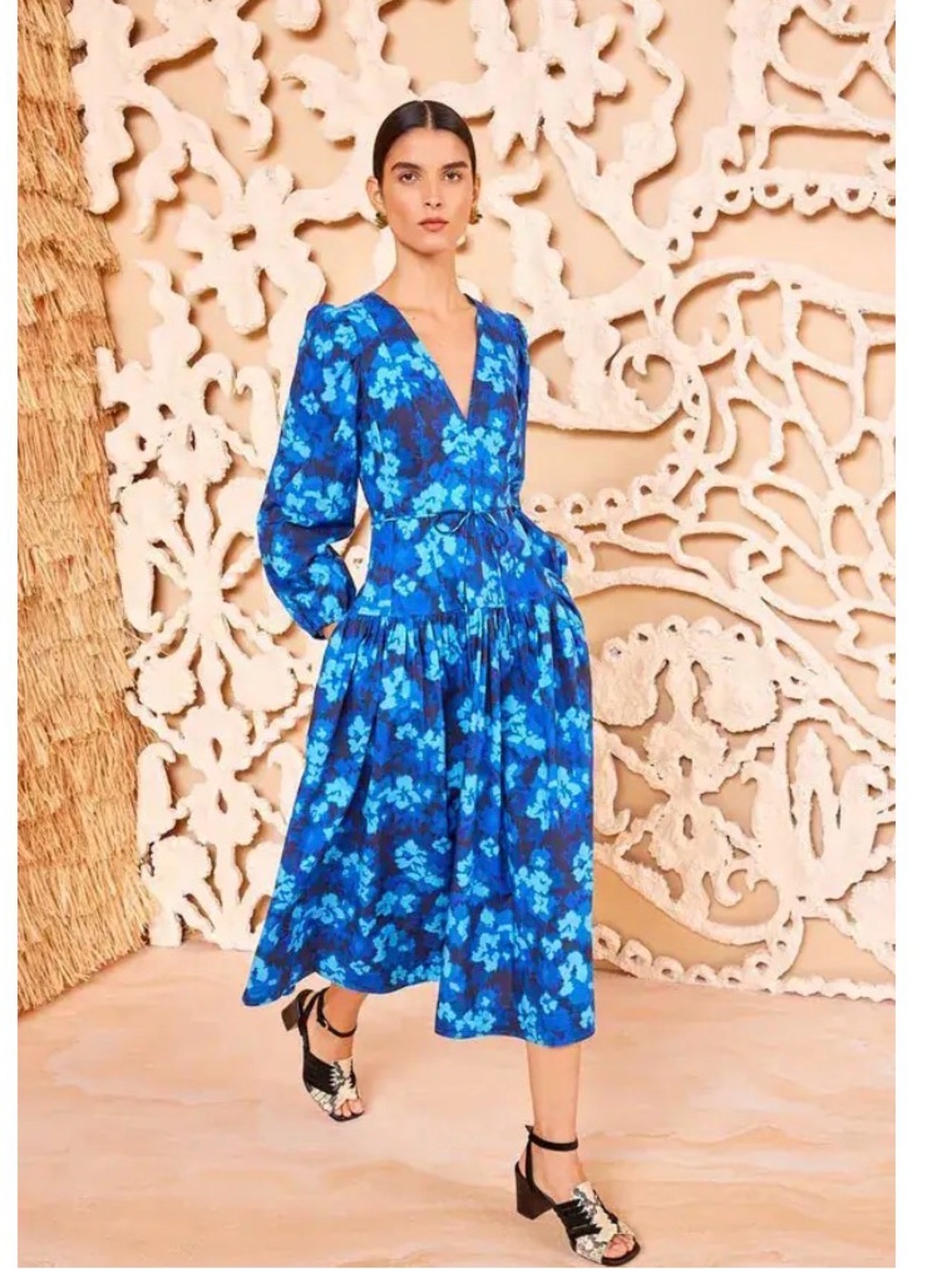 Ulla Johnson vibrant blue floral V-neck tiered midi dress